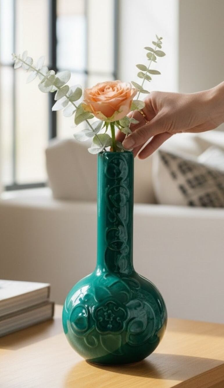VTG Treasure Craft ceramic bud vase embossed floral vine mid century CA USA